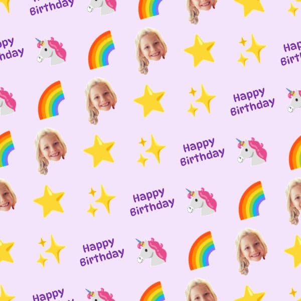 Lilac unicorn birthday wrapping paper with rainbows, stars, a girl's photo and name repeated