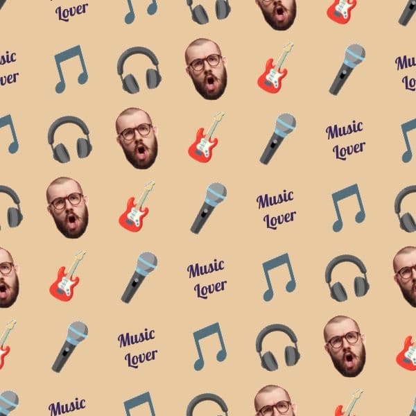 Retro wrapping paper with vinyl records, headphones and music notes in warm amber and orange tones