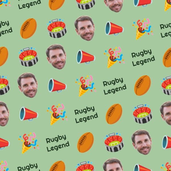 Pitch-green wrapping paper with rugby balls, stadium and cheering crowd motifs and space for a fan's photo