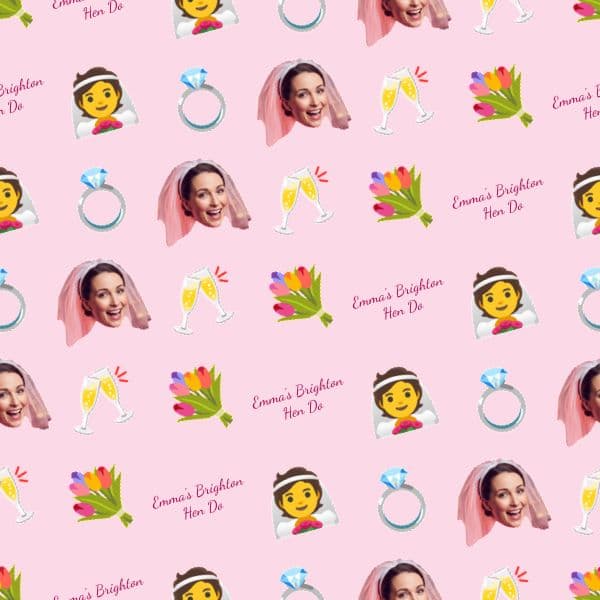Blush pink wrapping paper with a smiling veiled bride, party scripts and cheeky emojis