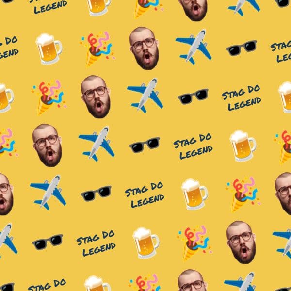 Playful stag do wrapping paper with beers, party poppers and a bearded-mate photo cut-out