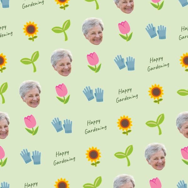 Gardening wrapping paper with flowers, trowels and personalised seed-packet illustrations in soft botanical tones