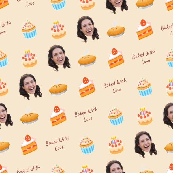 Cream wrapping paper with cakes, whisks and baking tools in berry tones and a smiling baker