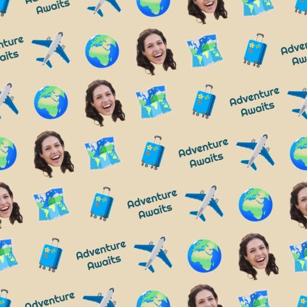 Beige wrapping paper covered in passport stamps, world maps and jet-set travel icons