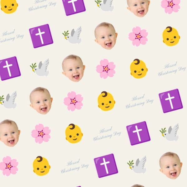 Pastel christening wrapping paper with delicate crosses, soft florals, a smiling baby and a personalised name