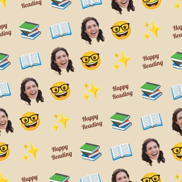 Wrapping paper covered in bookshelves full of storybooks with sparkles in warm library colours