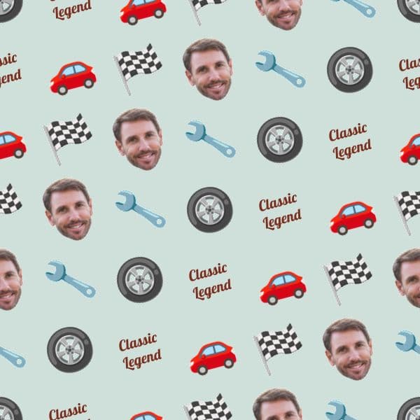Duck-egg blue wrapping paper with retro classic cars and a name on a number plate