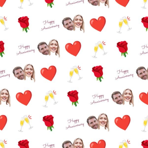 Blush pink anniversary wrapping paper with hearts, script lettering and a photo of a smiling couple