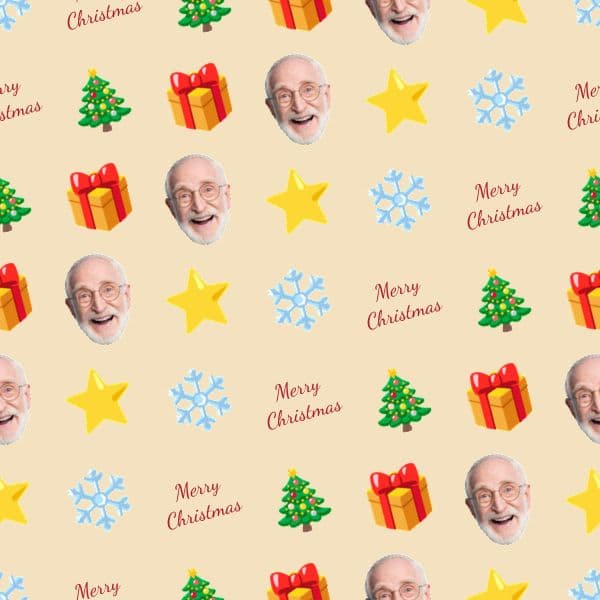Festive wrapping paper in red, green and gold with holly, baubles, a smiling face and a family name