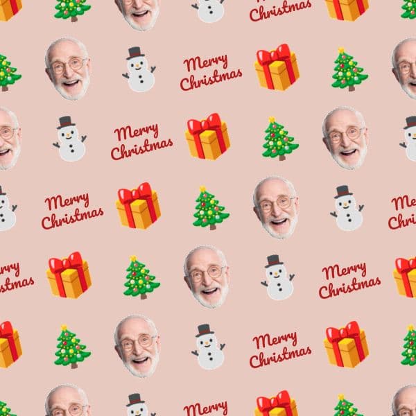 Christmas wrapping paper with white-bearded Santa faces, wrapped presents and North Pole signposts in red and green