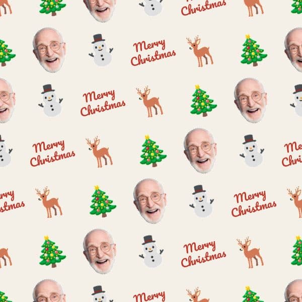 White Christmas wrapping paper with Santa faces, reindeer and a red script greeting