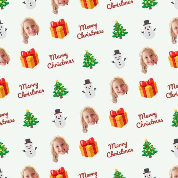 Snowy white Christmas wrapping paper with cute festive characters, a smiling child's face and personalised name