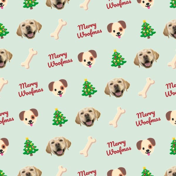 Christmas wrapping paper with a cheerful dog in festive accessories, Santa hats, holly and snowflakes in red and green
