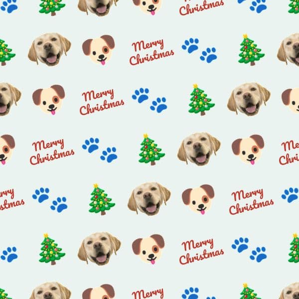 Snowy white Christmas wrapping paper with a personalised pet face, paw prints and festive emojis