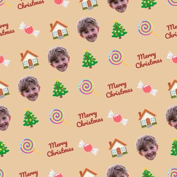 Christmas wrapping paper with gingerbread houses, candy canes and treats in red and cream with a family name