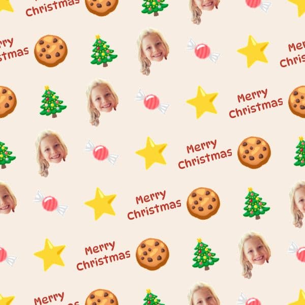 Cream Christmas wrapping paper covered with smiling gingerbread people, festive sweets and personalised names
