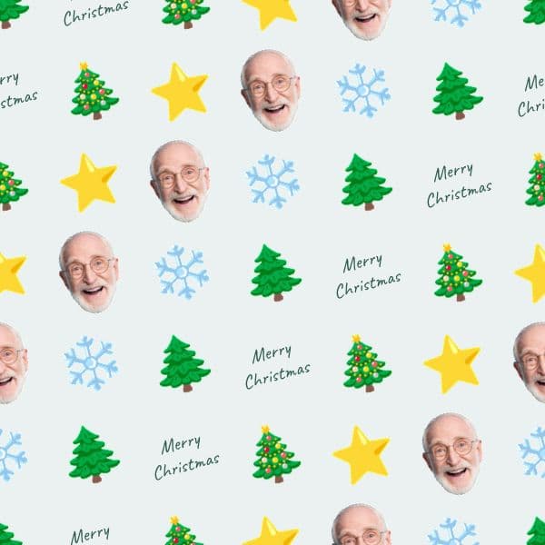 Minimalist Scandinavian Christmas wrap with delicate Nordic trees and stars on white, with a personalised face and initials
