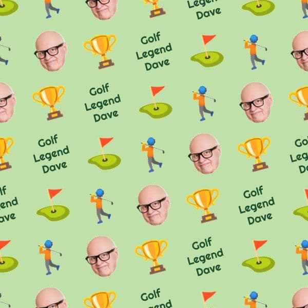 Golf wrapping paper with named golf balls on a soft fairway green background