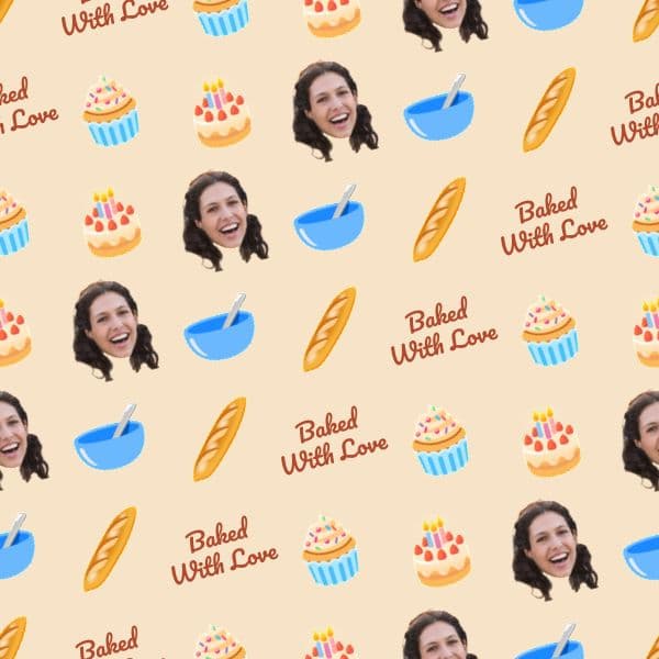 Wrapping paper with cakes, whisks and baking tools in buttercream tones and a smiling baker face