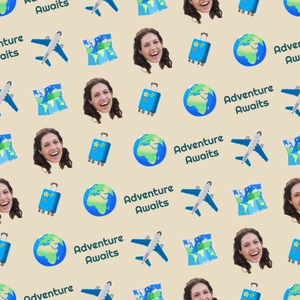 Wrapping paper covered in passport stamps and world-map sections in warm sepia and blue map tones