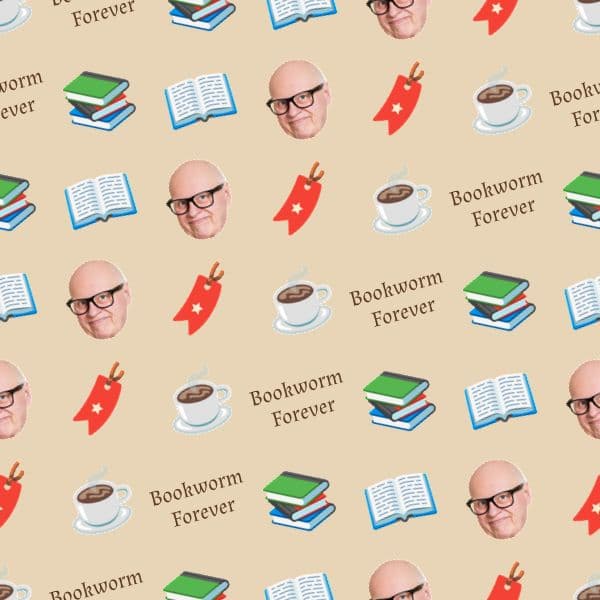 Wrapping paper showing cosy bookshelves stacked with book spines bearing a personalised name in warm library tones
