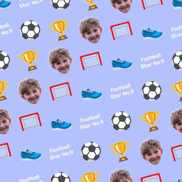 Red and white football wrapping paper with footballs, trophies, a young fan's face, name and shirt number
