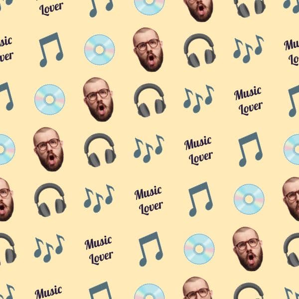 Retro wrapping paper with vinyl records and playlist notes in warm tones, personalised with names and favourite artists