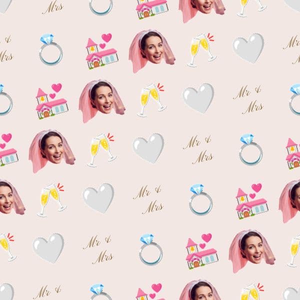 Repeating wedding wrapping paper with a bride illustration, couple's names and blush and gold tones