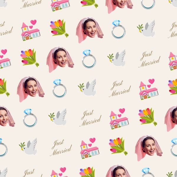 Ivory wrapping paper with an illustrated wedding venue, delicate flowers and space for a personalised date