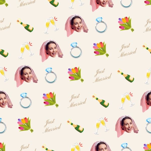 Ivory wrapping paper with champagne bottles, clinking glasses, a bride in a veil and flowing calligraphy